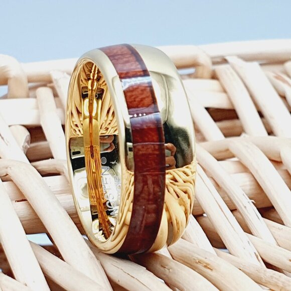 Wood Inlay Gold Tungsten Ring, Wedding Band Ring, GALTUN1007 - Picture 1 of 5
